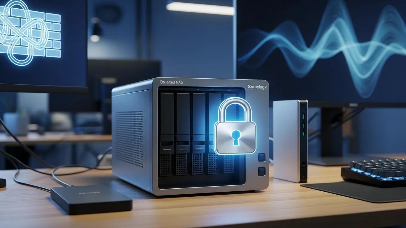 Close-up of NAS device with security symbols, highlighting data protection practices for SMBs