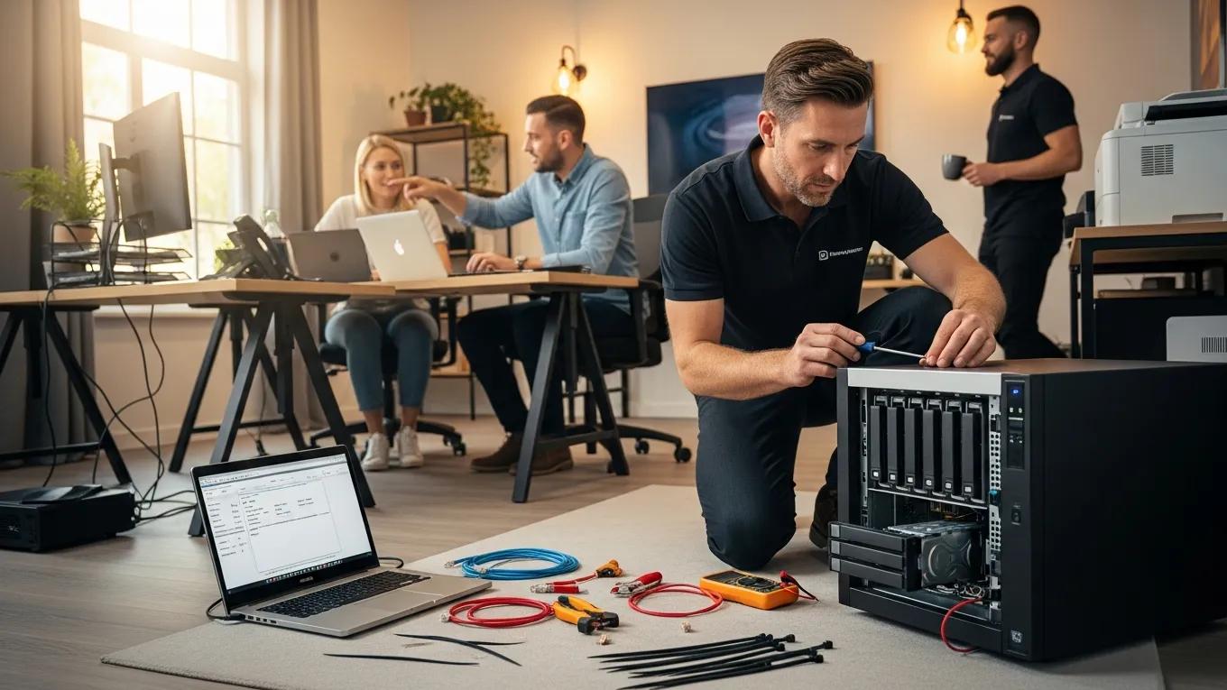 IT professional configuring NAS server, illustrating deployment strategies for SMBs