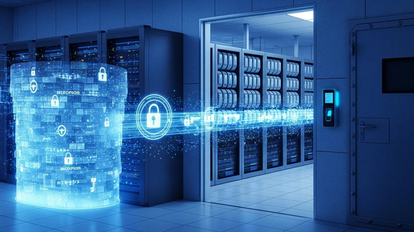 Secure server room showcasing data security and backup solutions